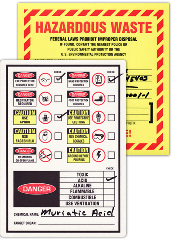 'Hazardous Waste' and chemical instruction labels