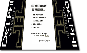 Promotional floor mat featuring company information and high resolution logos.