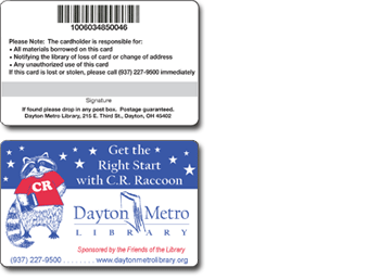 Dayton Metro library card with barcode and signature stripe.