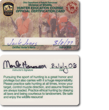 Hunter certification card with writable film front and back for signatures