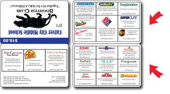 Front and back of school booster card featuring participating businesse's information and logos.