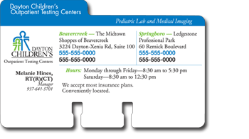 Full color index card with wide index tag, company logo and contace information.