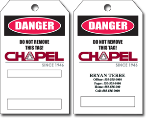 Chapel Electric "DANGER" hang tags with personalization.