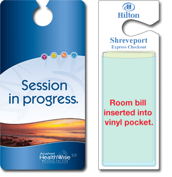HealthWise "Session in progress" door hang tag and Hilton Hotel "Express Checkout" door hanger with vinyl pouch bill holder.