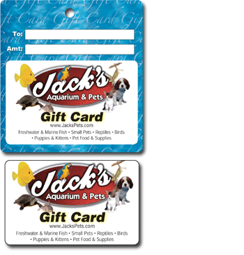 Jack's Aquarium & Pets gift card and holder.