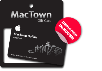 MacTown gift card and card holder. Designed In-House.