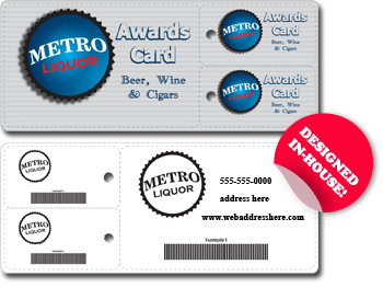 Metro Liquor loyalty card with barcodes on backs. Designed In-House.