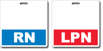 Blue RN and Red LPN Health Card Reference Badges.