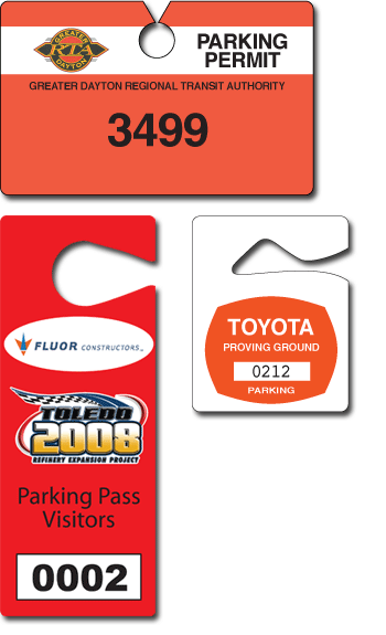 RTA Dayton wide parking tag and Toyota short parking hang tag with consecutive numbering on both.