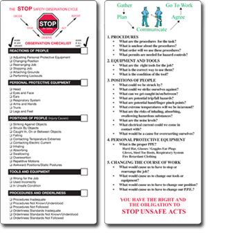 Two examples of checklists with custom graphics. Backs are printed with same graphics in Spanish.
